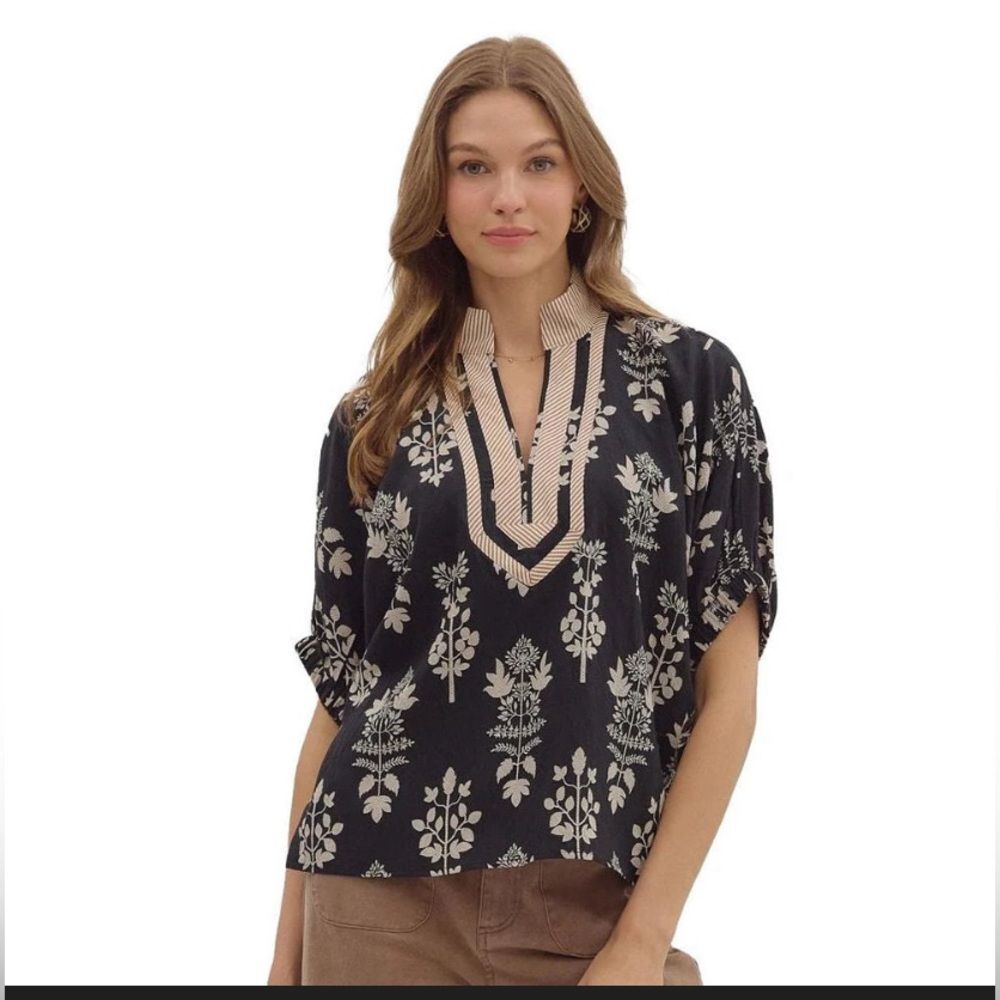 Entro Boxy Boho Relaxed Floral Rayon Blouse Top Sz L Coastal Prairie